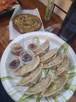 scallion pancake and steamed vegan dumplings at Stick To My Pot in New York City