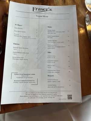 Vegan menu  at Fraser's in West Perth