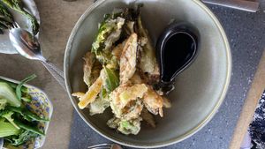 Tempura Vegetables with dressing on the side at Fraser's in West Perth