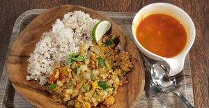 Soy Meat GaPao Rice with Tomato Soup / 大豆ミートガパオライス at Plant Based Tokyo in Tokyo