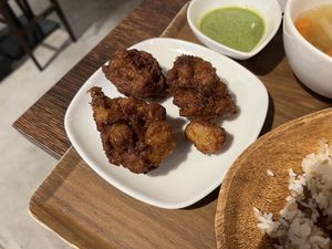 Soy pieces with basil sauce  at Plant Based Tokyo in Tokyo