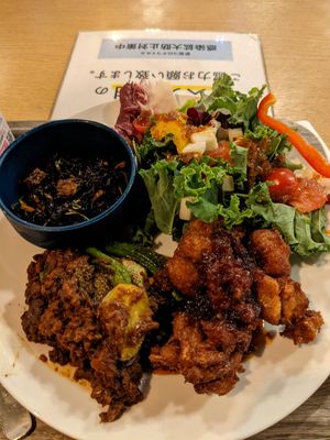 4 plate dish, 2 mains and 2 sides at Plant Based Tokyo in Tokyo