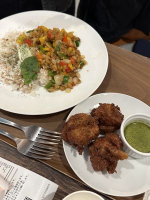 fried rice + fried chicken with basil sauce  at Plant Based Tokyo in Tokyo