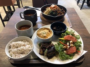 4 sides meal with rice and soup, as well as bibimbap  at Plant Based Tokyo in Tokyo