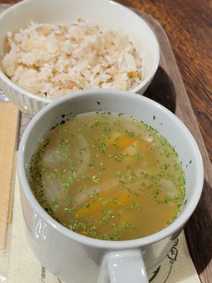 Soup of the day (Chinese) and rice. One of the only soy free options at Plant Based Tokyo in Tokyo
