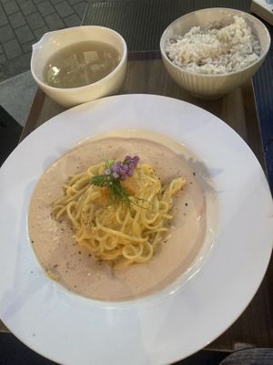 Uni cream pasta with soup and rice   at Plant Based Tokyo in Tokyo