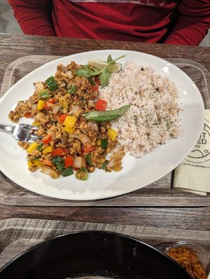 Soybean meat gapao rice at Plant Based Tokyo in Tokyo