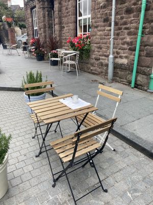 Outdoor seating  at Little Green Refills in Abergavenny