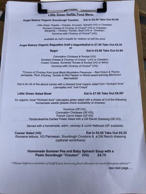 Menu page 1 at Little Green Refills in Abergavenny