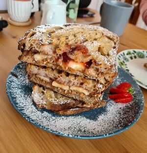 Peanut butter, jam and banana hot toastie  at Little Green Refills in Abergavenny