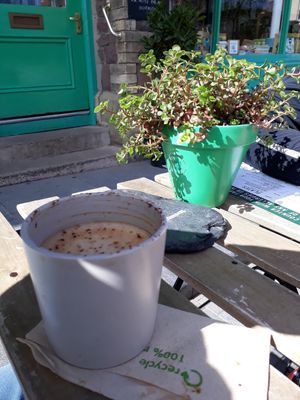 Oat milk cappuccino (part drunk!) at Little Green Refills in Abergavenny