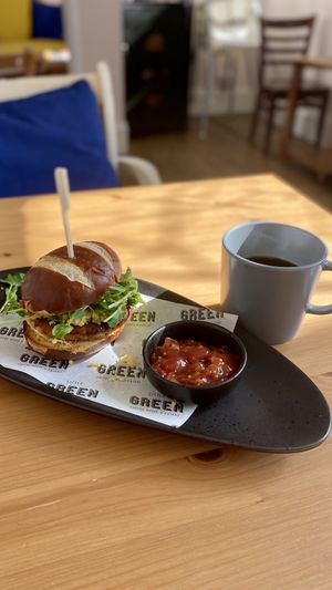 Plant-based sandwich with an americano  at Little Green Refills in Abergavenny