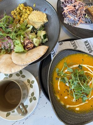 Carrot & cardamom soup, mixed salad and marmite and vegan cheese toasty  at Little Green Refills in Abergavenny