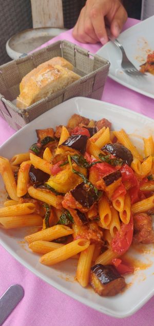 Vegan pasta with aubergines and courgettes! Honestly the best pasta ever :) at Bar Il Gabbiano in Capri