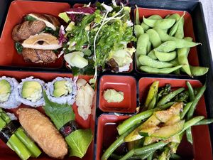The vegetable bento box can be made vegan. It’s yummy!  at Raku in Washington