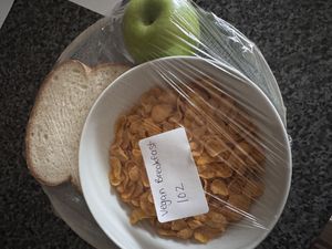 Breakfast- vegan spread , oat milk , jams , cereal , orange juice   at Titanic Spa in Huddersfield
