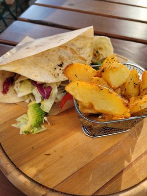 Great seitan 'chicken' wrap with wedges at Vegitalian in Salzburg