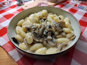 Truffle and mushroom homemade gnocchi at Vegitalian in Salzburg
