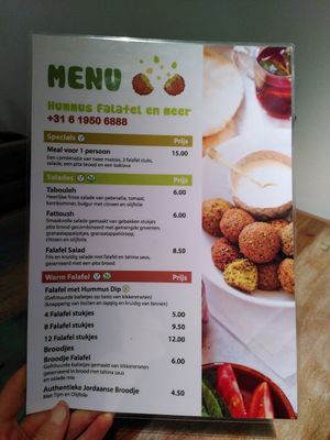 Menu vegan salads and falafel at Hummus Falafel En Meer in Breda