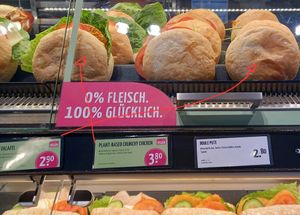 veganuary produkte (schilder am falschen platz) at backWERK - Kampstraße in Dortmund