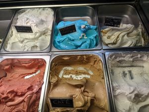 Blue vegan flavor and creamy pistachio at Madonna Gelateri in Girona
