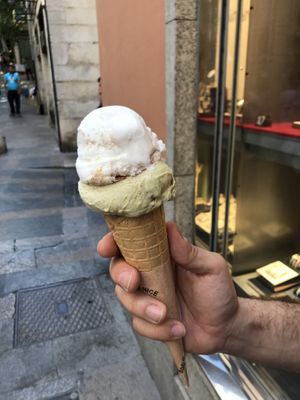 Vegan pistacchio & “leche merengada” ice cream  at Madonna Gelateri in Girona