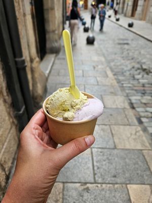 Pistachio and fruits del bosque (unsure of spelling) at Madonna Gelateri in Girona