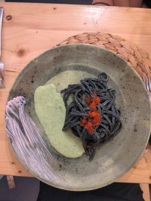 Cuttlefish pasta with caviar at Idem Con Patate in Turin