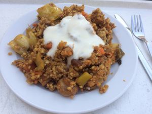 vegan lunch: buckwheat with smoked tofu and mushrooms at Veggie No.1 Mensa FU in Berlin