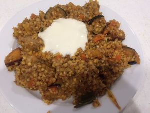 vegan lunch: buchwheat with veggies and soy yoghurt  at Veggie No.1 Mensa FU in Berlin