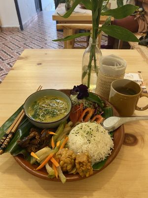 Main dish including soup, rice, four toppings and tea  at Casa Jasmine in San Cristobal De Las Casas