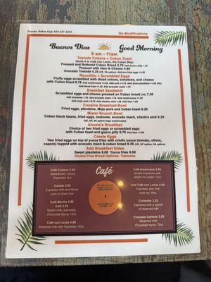 Menu  at Cousins Cuban Cafe in Black Mountain