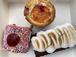 Fairy bread lamington, Aztec chocolate tart, and apricot & rose teacake at Pandy in Northcote