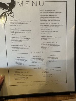 Menu. Vegan options clearly labeled   at Hollerhorn Distilling in Naples