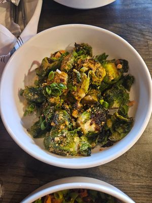 Garlic parmesean Brussels sprouts (made vegan) at Hollerhorn Distilling in Naples