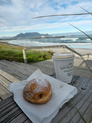 Jam doughnut and oat latte at Hulis Donuts in Cape Town