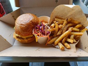 The classix burger with chips and a side salad at Eden Jaxx - Købmagergade in Copenhagen