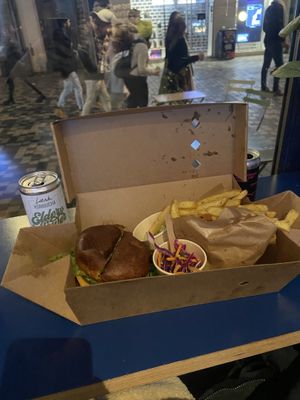 Burger with fries and side salad  at Eden Jaxx - Købmagergade in Copenhagen