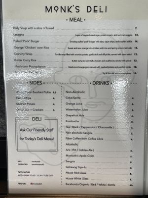 Menu in English at Monk's Deli in Seoul