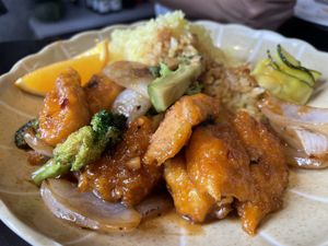 Orange chicken over rice at Monk's Deli in Seoul