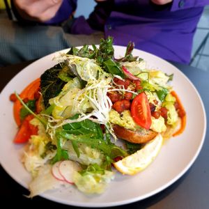 avo toast as served...pile of greens at Monk's Deli in Seoul