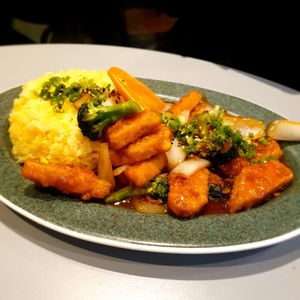 orange chicken... great at Monk's Deli in Seoul