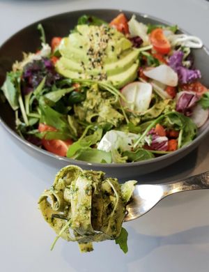 Green Pesto Tofu-noodle Salad - close-up at Monk's Deli in Seoul