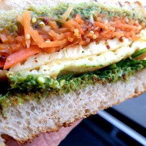 close up.. justegg pesto carrot at Monk's Deli in Seoul