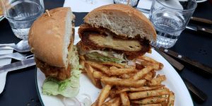 Tofu "Chicken" Burger with fries at Monk's Deli in Seoul