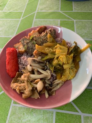 Mushrooms with soy chicken are spicy. Cabbage was as well.  at Jay Tamachad in Koh Samui