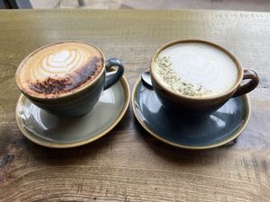 Cappuccino and Matcha Latte with oat milk   at Nomad in Edinburgh