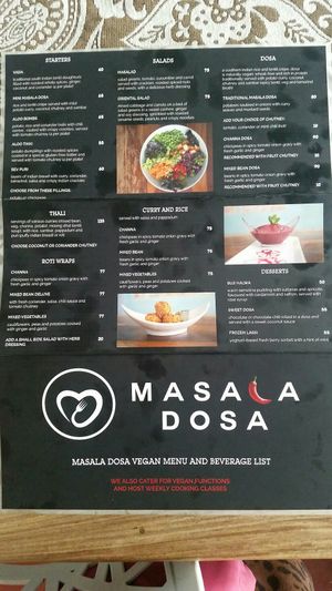 Menu at The Masala Dosa in Cape Town