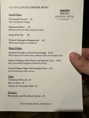 Vegan Menu as of 2nd May 2026  at The George in Inveraray