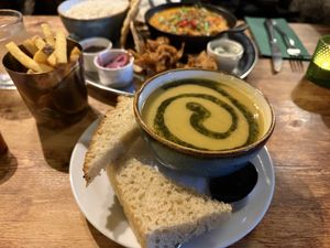Soup of the Day Lentils and Vegetables with a Side of Fries.  at The George in Inveraray